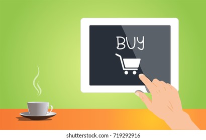 Buy icon in mobile application in digital tablet with cup of coffee