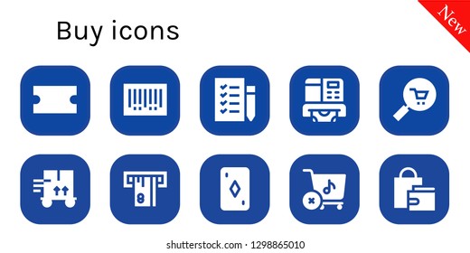  buy icon set. 10 filled buy icons. Simple modern icons about  - Coupon, Barcode, Shopping list, Atm, Commerce, Trolley, Card, Store, Shopping bag