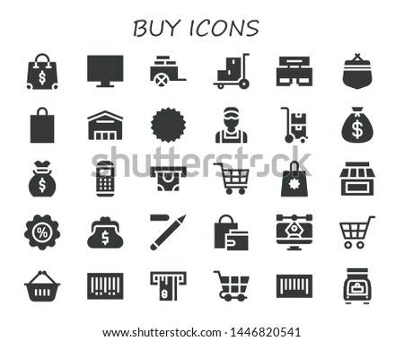 buy icon set. 30 filled buy icons.  Collection Of - Shopping bag, Online shop, Cart, Trolley, Shop, Purse, Supermarket, Coupon, Clerk, Money bag, Payment terminal, Atm, Shopping cart