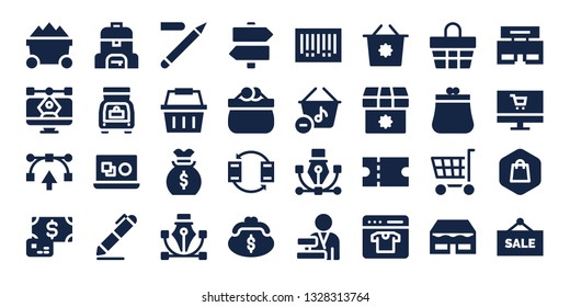 buy icon set. 32 filled buy icons. on blue background style Simple modern icons about  - Trolley, Vector, Payment, Bag, Trunk, Signing, Eyeliner, Shopping basket, Money bag, Signs