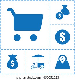 Buy icon. set of 6 buy filled icons such as fast food cart, money sack, money bag, money