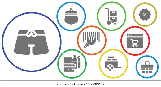 buy icon set. 9 filled buy icons.  Collection Of - Trunk, Purse, Trolley, Shopping online, Cart, Barcode, Online shop, Discount, Basket icons