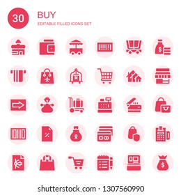 buy icon set. Collection of 30 filled buy icons included Shop, Wallet, Cart, Barcode, Trolley, Card, Bag, Shopping cart, Icon, Sign, Vector, Cashier, Scanner, Discount, Money bag