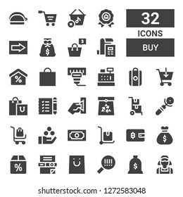 buy icon set. Collection of 32 filled buy icons included Clerk, Money bag, Barcode, Shopping, Scanner, Offer, Bag, Wallet, Delivery cart, Cash, Payment, Sign, Paper bag, Insert coin