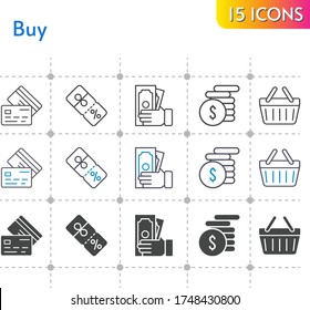 buy icon set. included money, discount, shopping-basket, credit card, shopping basket icons on white background. linear, bicolor, filled styles.