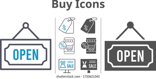 buy icon set included online shop, price tag, open icons