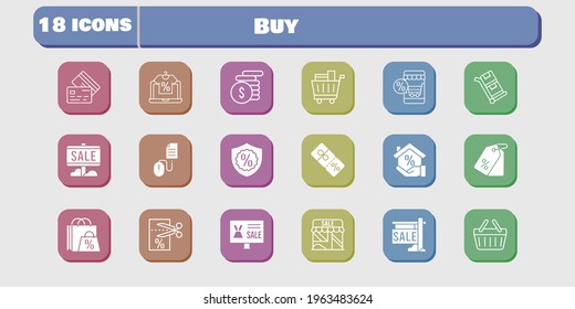 buy icon set. included shop, voucher, discount, click, shopping basket, trolley, shopping bag, online shop, sale, mortgage icons on white background. linear, filled styles.