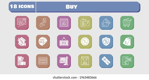 buy icon set. included shop, voucher, discount, click, shopping bag, online shop, sale, mortgage, money, price tag, shopping cart icons on white background. linear, filled styles.