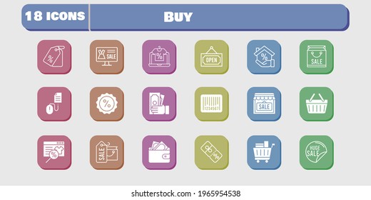 buy icon set. included shop, wallet, discount, shopping-basket, click, online shop, shopping bag, sale, mortgage, money icons on white background. linear, filled styles.