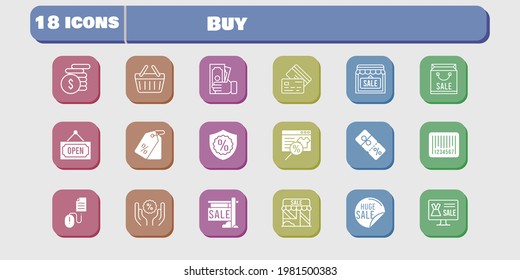 buy icon set. included shop, discount, click, shopping basket, online shop, shopping bag, sale, money, price tag, warranty icons on white background. linear, filled styles.
