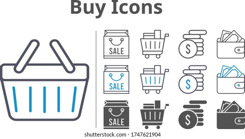 buy icon set included shopping bag, wallet, money, shopping cart, shopping-basket icons
