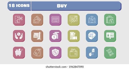 buy icon set. included wallet, voucher, discount, click, trolley, online shop, shopping bag, sale, money, price tag, shopping cart icons on white background. linear, filled styles.