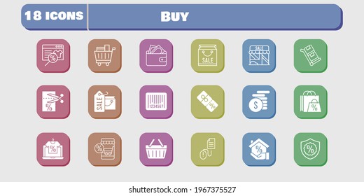 buy icon set. included wallet, shop, voucher, discount, shopping-basket, click, trolley, shopping bag, online shop, mortgage icons on white background. linear, filled styles.