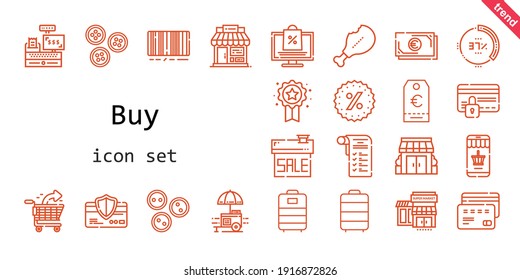 buy icon set. line icon style. buy related icons such as online shopping, buttons, shop, stores, trolley, supermarket, badge, sale, shopping list, promotions, cashier, percentage, shopping cart, food 