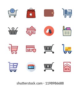 buy icon set. vector set about supermarket, percentage, credit card and trolley icons set.