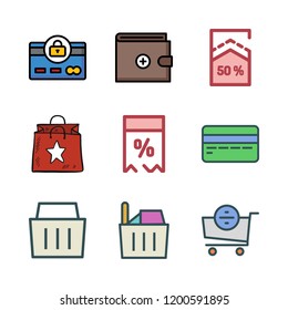 buy icon set. vector set about shopping bag, credit card, price tag and shopping basket icons set.
