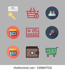 buy icon set. vector set about wallet, key, shopping cart and credit card icons set.