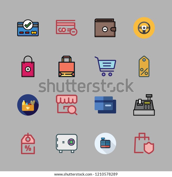 buy icon set. vector set about\
safebox id, steering wheel, tag and discount icons\
set.