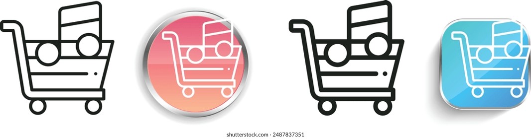 Symbol kaufen. Flaches, lineares, regelmäßiges Design im Button-Stil isoliert auf weißem Hintergrund