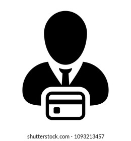 Buy icon vector male user person profile avatar symbol with credit card for banking and finance concept 
in flat color glyph pictogram illustration