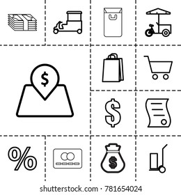 Buy icons. set of 13 editable outline buy icons such as shopping bag, cart cargo, dollar, fast food cart, percent, lot price, bill of house sell, shopping cart, credit card