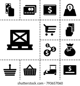 Buy icons. set of 13 editable filled buy icons such as sack, cash payment, shopping basket, shopping cart, fast food cart, dollar card, dollar sign, cargo on palette