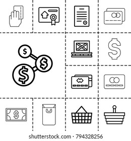 Buy icons. set of 13 editable outline buy icons such as shopping basket, credit card, dollar sign, cargo on palette, shopping bag, bill of house sell, bill of house, money