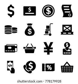 Buy icons. set of 16 editable filled buy icons such as money sack, put money on card, credit card, dollar card, bank support, yuan, cargo on palette, shopping bag