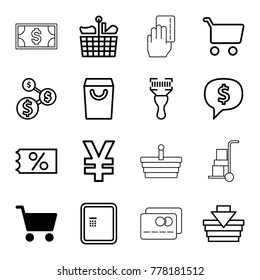 Buy icons. set of 16 editable outline buy icons such as shopping cart, atm, shopping basket, shopping bag, ticket on sale, dollar sign in cloud, dollar sign, yuan