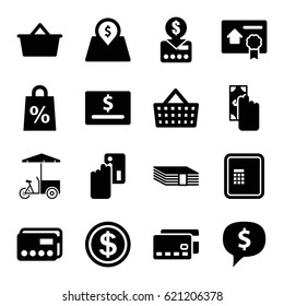 Buy icons set. set of 16 buy filled icons such as atm, fast food cart, lot price, bill of house sell, shopping sale, shopping bag, dollar coin, money, credit card