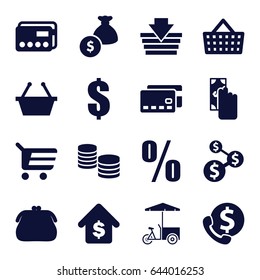 Buy icons set. set of 16 buy filled icons such as fast food cart, buying a house, percent, shopping bag, money bag, money, dollar, credit card, cash payment, shopping basket