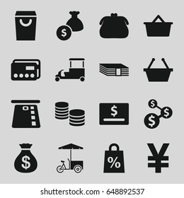 Buy icons set. set of 16 buy filled icons such as money sack, fast food cart, shopping sale, shopping bag, money bag, money, credit card, shopping basket, purse, dollar card