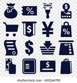 Buy icons set. set of 16 buy filled icons such as atm, dollar, shopping bag, bar code scanner, bill of house sell, shopping sale, sack, cash payment, put money on card