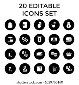 Buy icons. set of 20 editable filled buy icons such as shopping bag, cart cargo, money, credit card, put money on card, percent. best quality buy elements in trendy style.