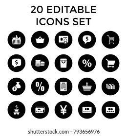 Buy icons. set of 20 editable filled buy icons such as credit card, shopping basket, shopping bag, dollar sign in cloud, percent. best quality buy elements in trendy style.