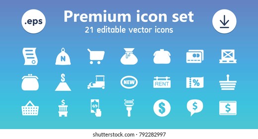 Buy icons. set of 21 editable filled buy icons includes sack, money, shopping basket, shopping cart, new, purse, fast food cart, dollar sign in cloud, bank, cargo on palette