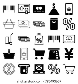 Buy icons. set of 25 editable filled and outline buy icons such as money, barcode, shopping cart, yuan, credit card in atm, cargo on palette, dollar, credit card, cart cargo