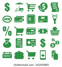 Buy icons set. set of 25 buy filled icons such as atm, credit card, dollar, fast food cart, bar code scanner, rent tag, bill of house sell, bill of house, percent