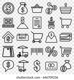 Buy icons set. set of 25 buy outline icons such as money sack, credit card, fast food cart, cargo on palette, buying a house, rent tag, lot price, bill of house, card, dollar