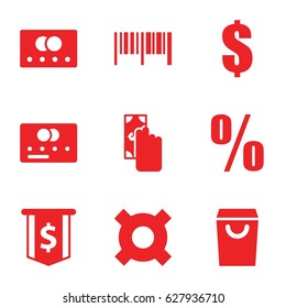 Buy icons set. set of 9 buy filled icons such as credit card, percent, dollar, cash payment, barcode, shopping bag, dollar sign
