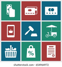 Buy icons set. set of 9 buy filled icons such as credit card, fast food cart, auction, bill of house, shopping sale, shopping bag, cash payment