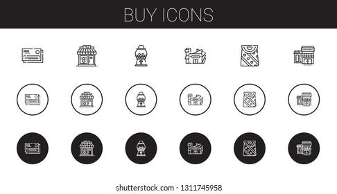 buy icons set. Collection of buy with credit card, clothing shop, candy machine, mall, bag, supermarkets. Editable and scalable buy icons.