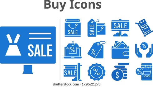 buy icons set. included online shop, shopping bag, sale, wallet, money, price tag, discount, trolley icons. filled styles.