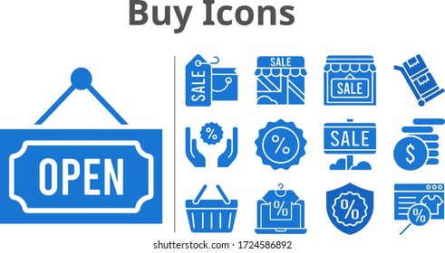 buy icons set. included online shop, shopping bag, sale, shop, money, warranty, discount, shopping-basket, open, trolley icons. filled styles.