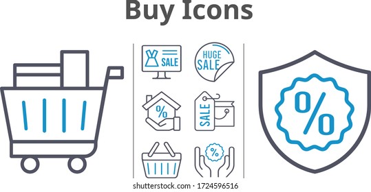buy icons set. included online shop, shopping bag, sale, mortgage, shopping cart, discount, warranty, shopping-basket icons. bicolor styles.