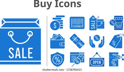 buy icons set. included online shop, shopping bag, wallet, money, voucher, price tag, discount, warranty, barcode, open icons. filled styles.