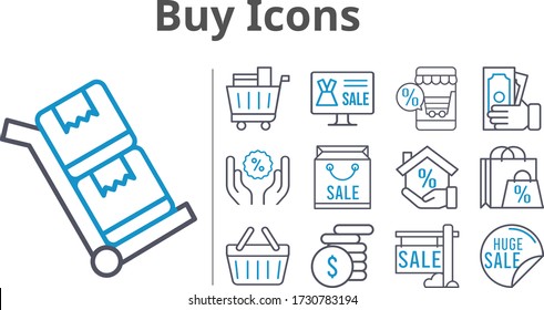buy icons set. included online shop, shopping bag, sale, mortgage, money, shopping cart, discount, shopping-basket, trolley icons. bicolor styles.