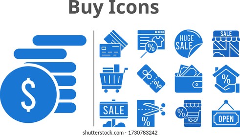 buy icons set. included online shop, sale, shop, wallet, mortgage, money, voucher, shopping cart, discount, credit card, open icons. filled styles.