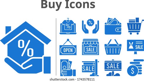 buy icons set. included online shop, sale, mortgage, wallet, shop, money, shopping cart, discount, shopping-basket, open icons. filled styles.