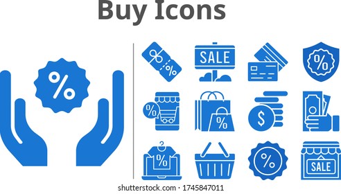 buy icons set. included online shop, shopping bag, sale, shop, money, discount, warranty, shopping-basket, credit card icons. filled styles.